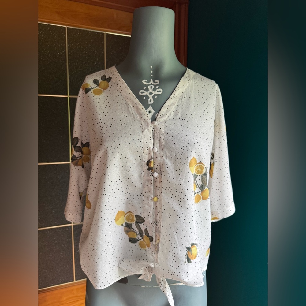 Lemon & Floral White Button-Up Top